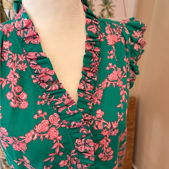 JCREW Floral Sleeveless Ruffle Top Green Pink Button Up Vneck Flutter Sleeve - Picture 4 of 8